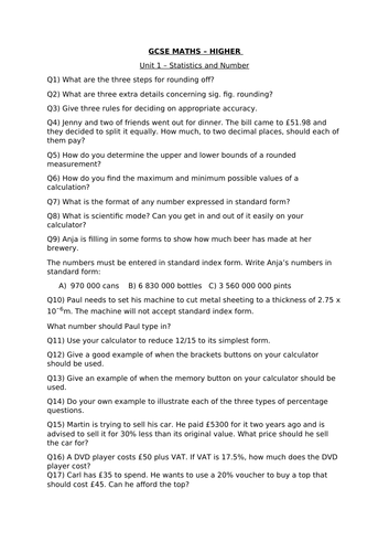 GCSE MATHS HIGHER - UNIT 1 STATISTICS AND NUMBER