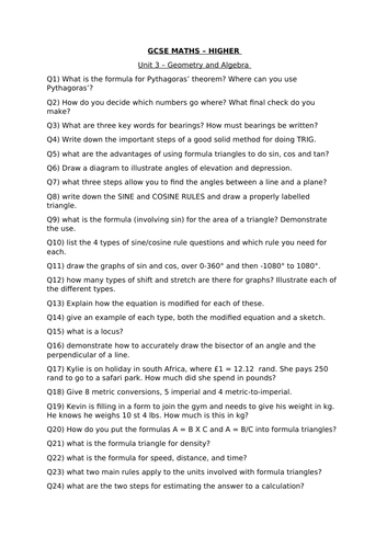 GCSE MATHS HIGHER - UNIT 3 GEOMETRY AND ALGEBRA