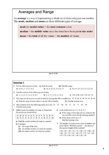 Averages and Range Part 2 of 12 Data Handling | Teaching Resources