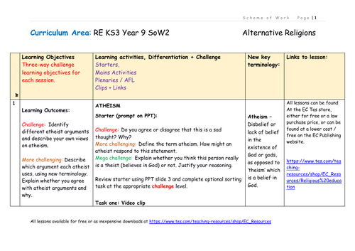 Alternative Religions and Cults Scheme of Work