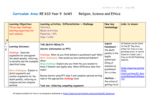 Religion, Ethics and Science Scheme of Work