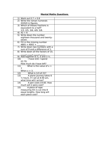 MENTAL MATHS QUESTIONS 1.1
