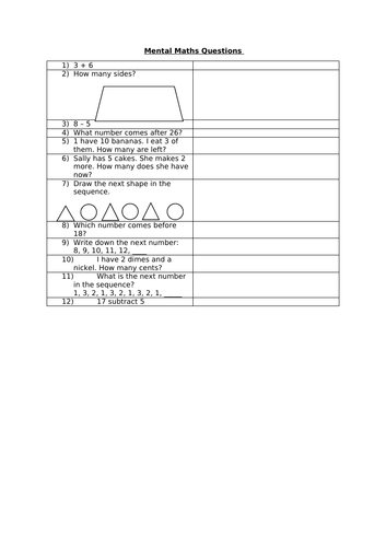 MENTAL MATHS QUESTIONS 1.2