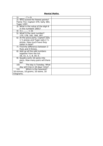 MENTAL MATHS QUESTIONS 1.3