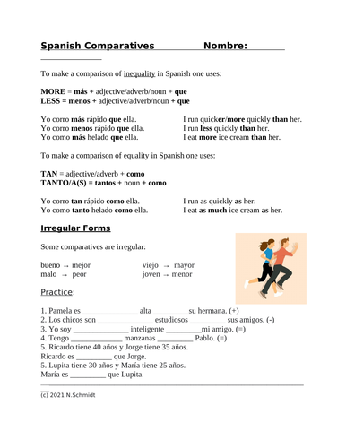 Spanish Comparatives and Superlatives Handout + Worksheet (comparativos)