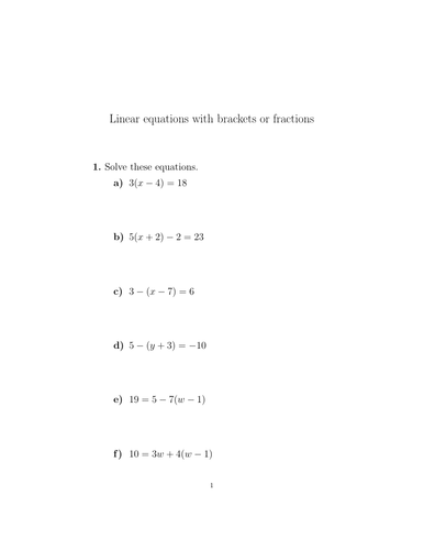 Linear equations with brackets or fractions worksheet no 3 (with ...