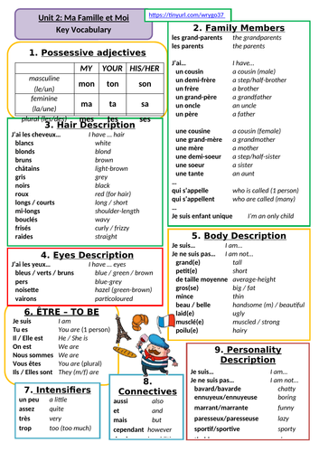 Vocab Map - Family and Descriptions (KS3 French - Unit 2)