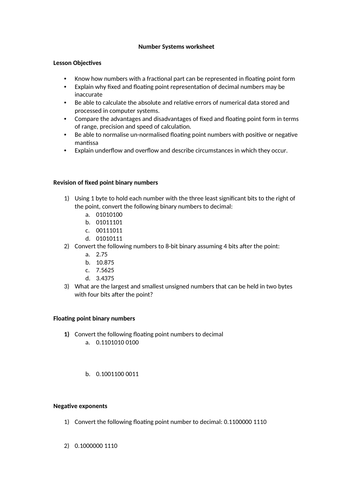 AQA A-level CS - Floating Point representation worksheet | Teaching ...
