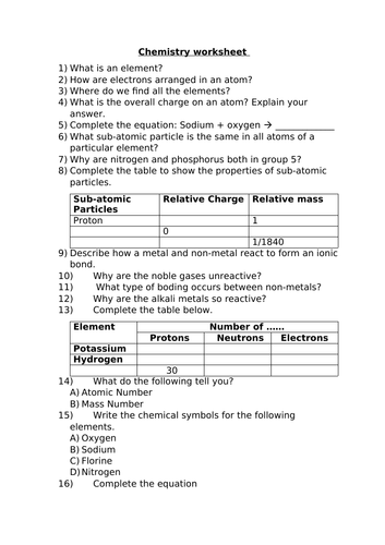 CHEMISTRY WORKSHEET