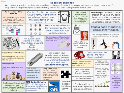 Whole school / Screenfree challenge / No screens / Offline learning