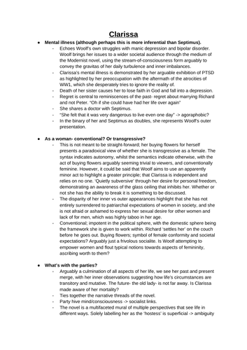 Character profiles in "Mrs. Dalloway" (Edexcel A-Level Eng Lit)