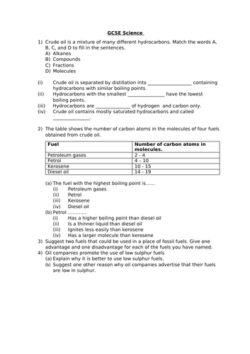 GCSE SCIENCE - PRODUCT FROM ROCKS 3.1  TO 3.5 REVISION WORKSHEET