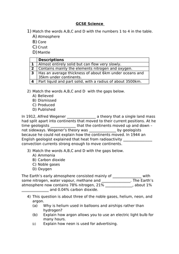 GCSE SCIENCE - C1B OILS, EARTH AND ATMOSPHERE, 6.1 TO 6.6