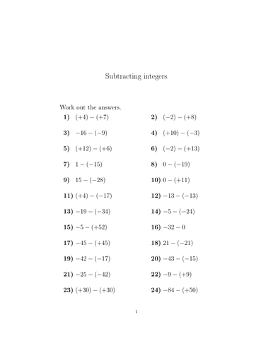 Subtracting integers worksheet no 2 (with solutions ...