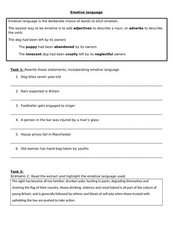 Emotive Language Worksheet Tes