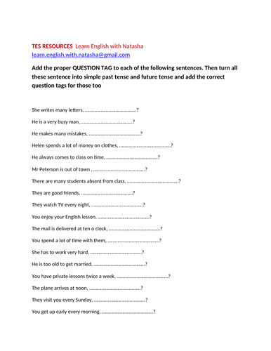 QUESTION TAGS sentences | Teaching Resources