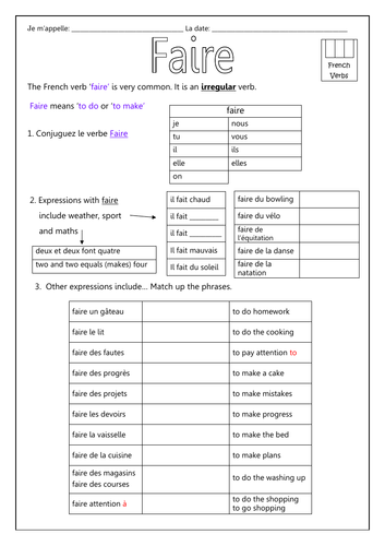 FRENCH VERBS FAIRE introduction Teaching Resources