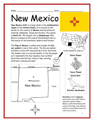 NEW MEXICO - Introductory Geography Worksheet with map and flag