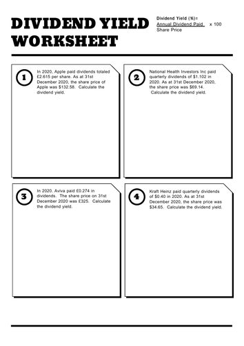 Calculating Dividend Yield Worksheet CISI Business Economics | Teaching ...