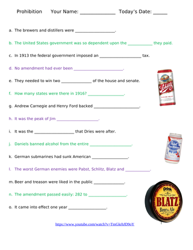 Prohibition: CBS video question sheet | Teaching Resources