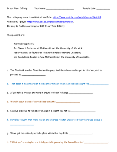 In our Time: Infinity worksheet. | Teaching Resources