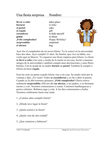 Preterite Reading in Spanish + Worksheet: Fiesta Lectura (Pretérito)