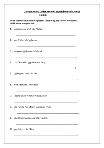 German Separable Prefix Verbs Worksheet: Trennbare Verben