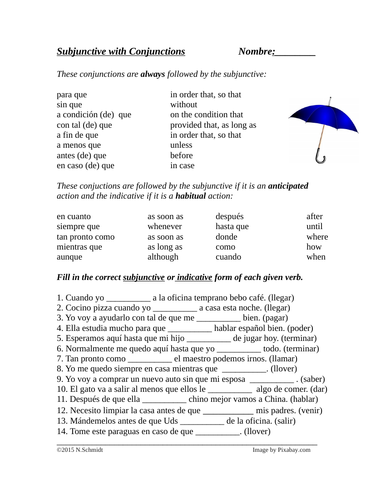 Spanish Subjunctive Conjunctions Worksheet - Subjuntivo (cuando, para que)