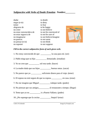 Spanish Present Subjunctive Worksheet - Verbs of Doubt and Emotion (dudar etc.)