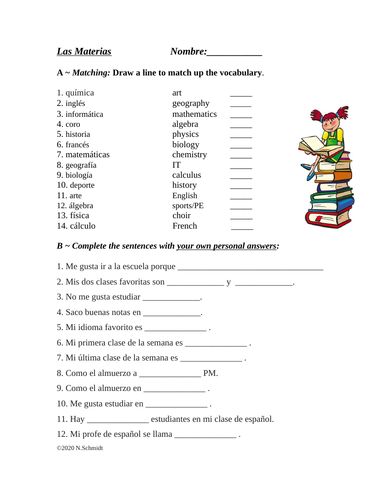 Spanish School Subjects Vocabulary Worksheet: Materias / Asignaturas 1 Rating