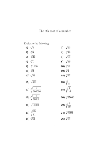 The Nth Root Of A Number Worksheet with Solutions Teaching Resources