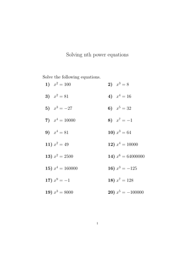 Solving nth power equations worksheet (with solutions) | Teaching Resources