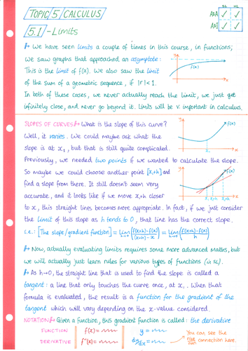 Ib Maths Ai Sl Topic 5 Calculus Notes Teaching Resources