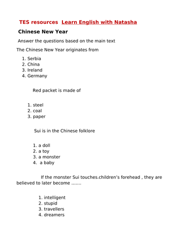 CHINESE NEW YEAR reading comprehension text | Teaching Resources