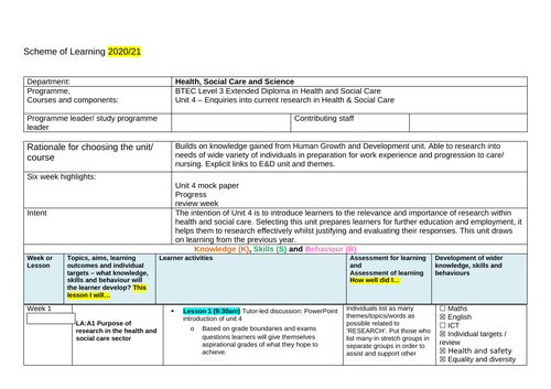 UNIT 4: ENQURIES INTO CURRENT RESEARCH IN HEALTH AND SOCIAL CARE ...