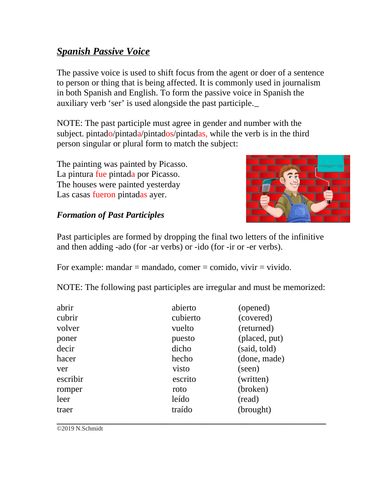 Spanish Passive Voice Reading + Handout and Worksheet : La voz pasiva