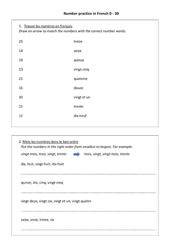 french numbers 1 30