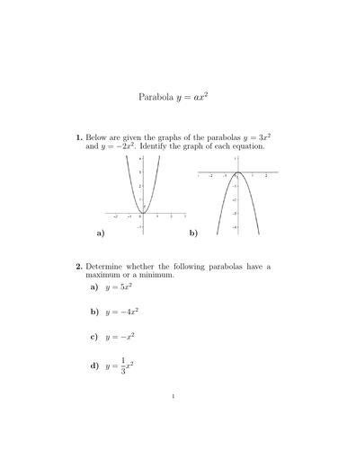 Parabola Y Ax 2 Worksheet With Solutions Teaching Resources