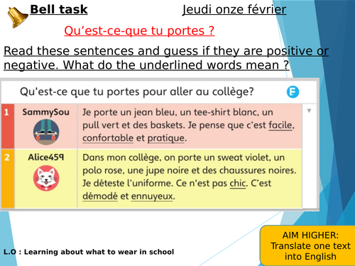 Y7 Qu Est Ce Que Tu Portes School Wear Remote Dynamo 1 Teaching Resources
