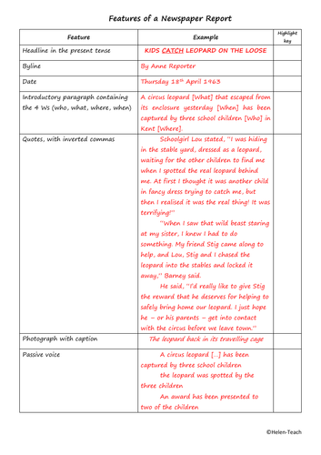 Stig Of The Dump Newspaper Report Example, Feature Sheets, Answers 