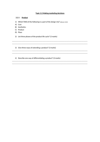 Edexcel GCSE Business 9-1 Theme 2: Topic 2.2 Exam style Questions and ...