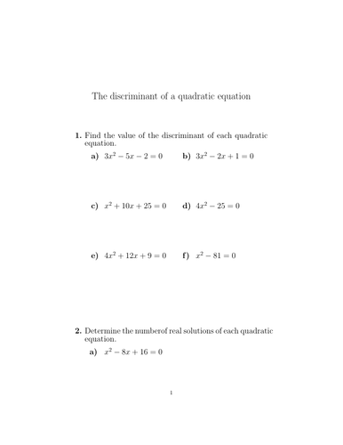 The discriminant of a quadratic equation worksheet (with solutions ...