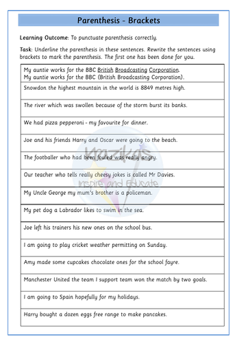 Parenthesis - Brackets, Commas, Dashes | Teaching Resources