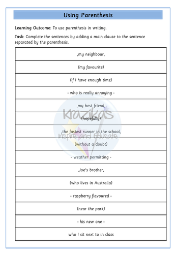 commas for parenthesis year 5 worksheet