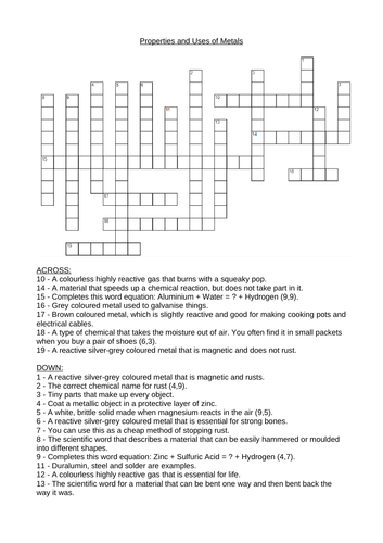 Properties and Uses of Metals Crossword and Word Search Teaching