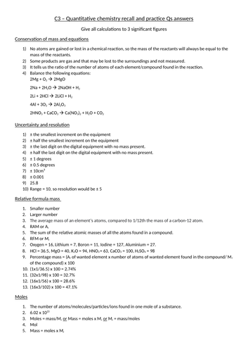 AQA Chemistry GCSE C3 - Quantitative Chem recall and practice Qs ...