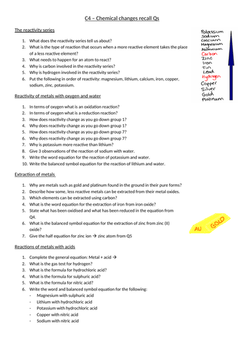 AQA Chemistry GCSE C4 - Chemical changes recall Qs | Teaching Resources