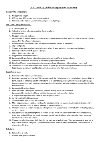 AQA Chemistry GCSE C9 - Chemistry of the atmosphere recall Qs ...
