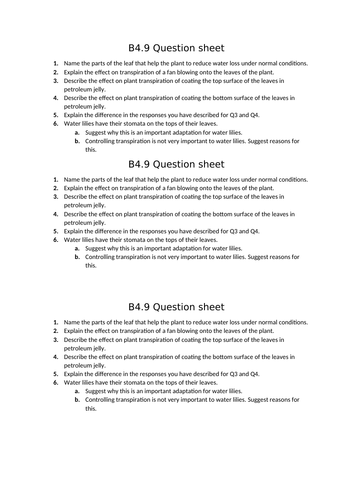 AQA GCSE Biology (9-1) B4.9 Factors affecting transpiration - FULL LESSON