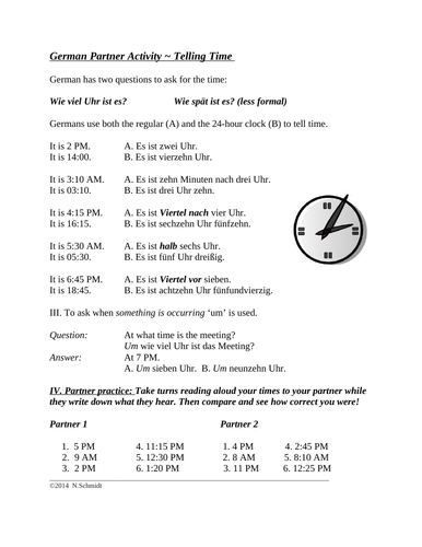 German Partner Activity ~ Telling Time (Uhrzeit)